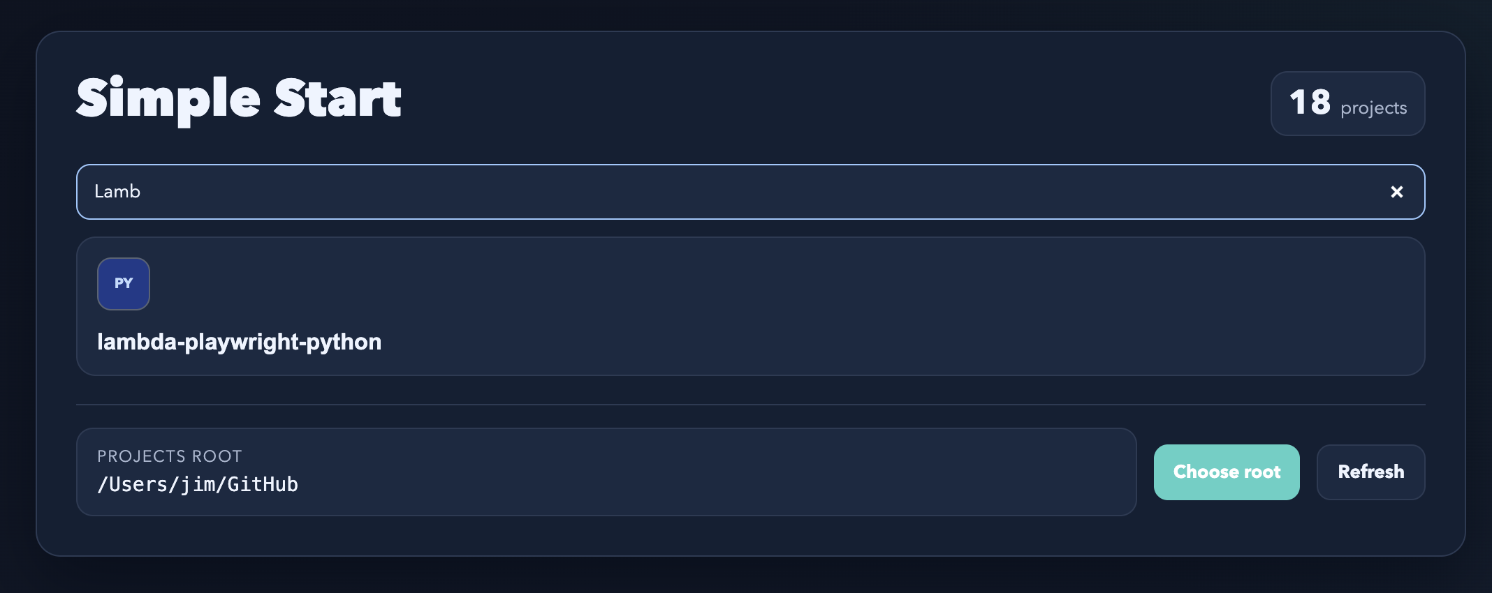 Simple Start in VS Code, showing a filtered project search, a project card, and controls to choose or refresh the projects root